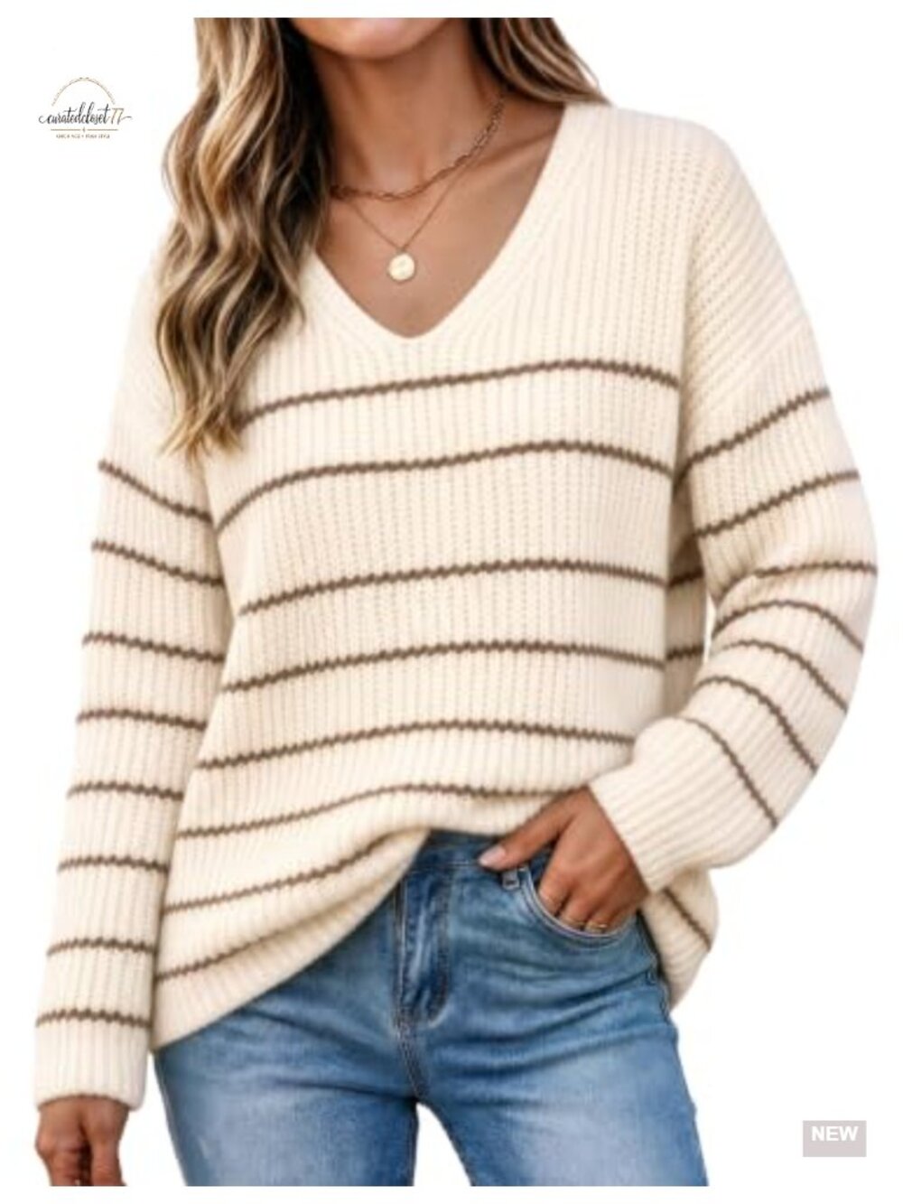 Women's V Neck Long Sleeve Striped Pullover Light Comfy Sweater